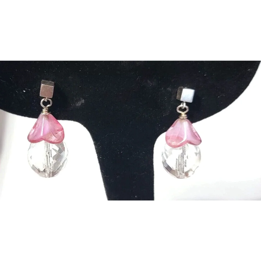 Vintage Dangle Pierced Earrings Faceted Glass, Pink Clear, 11/8